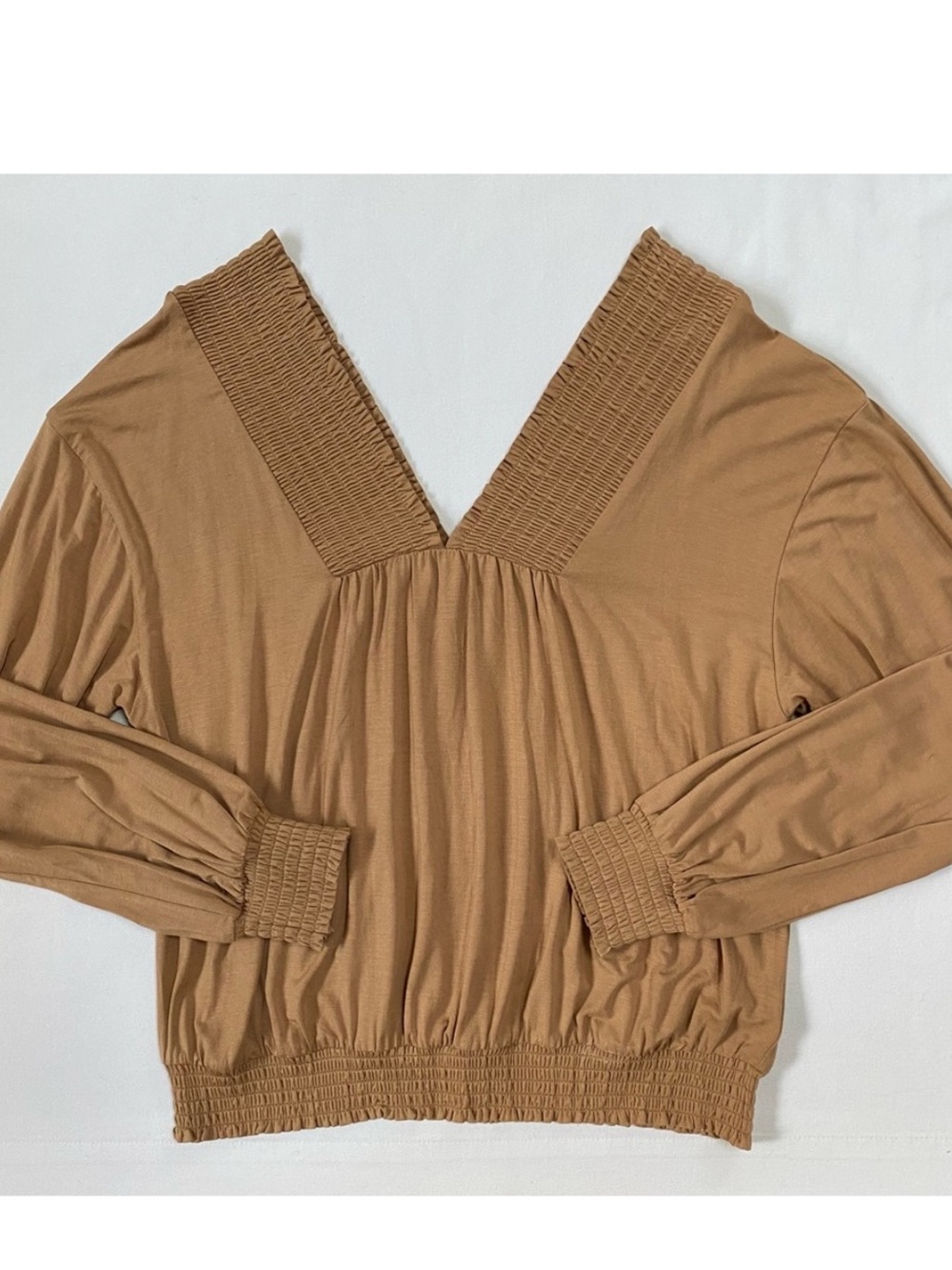 Express Smocked V-Neck Long Sleeve Top in Camel